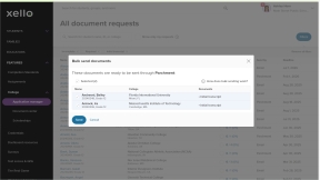 All document requests page in Xello with the Bulk send documents modal open. There are 2 transcripts ready to send through Parchment.